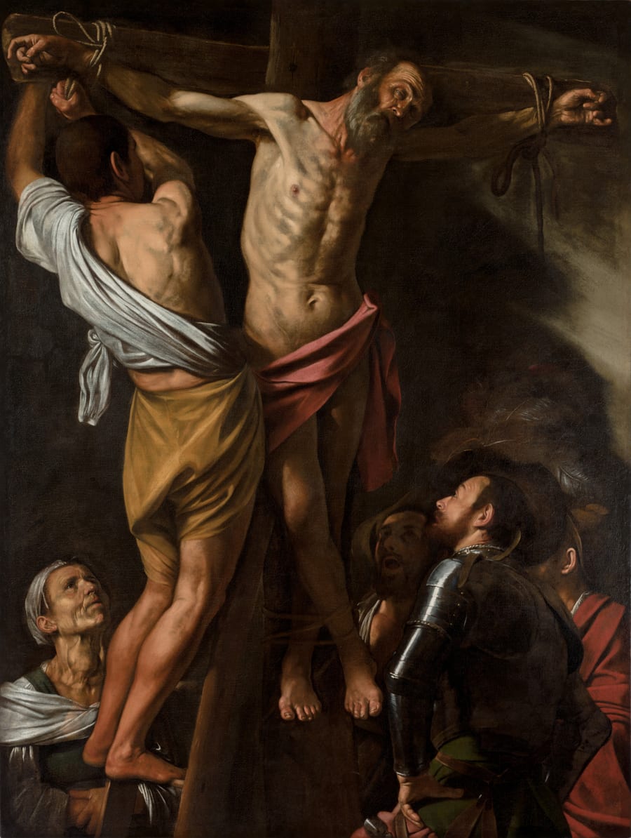 La crucifixión de San Andrés según Caravaggio — cruz latina tradicional