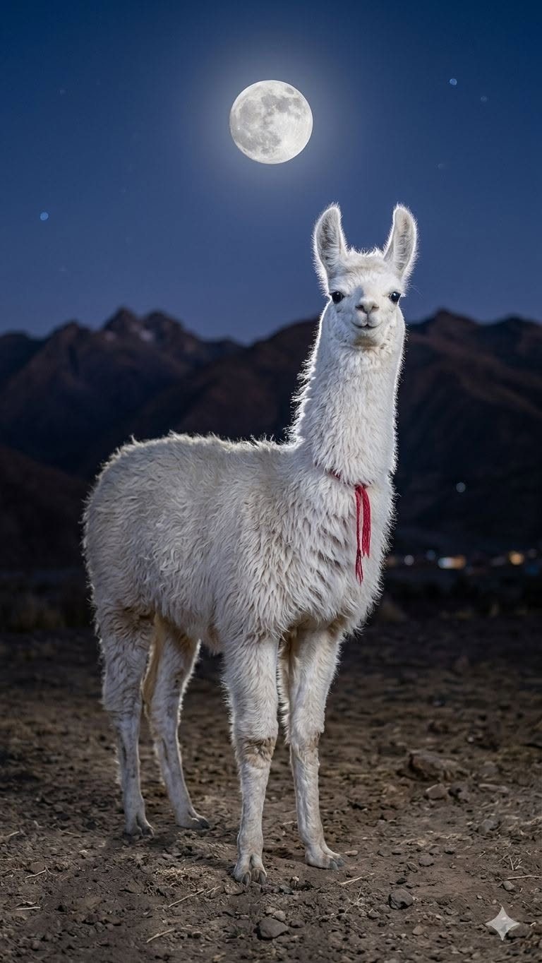 Llamito blanco bajo la luna llena en el altiplano